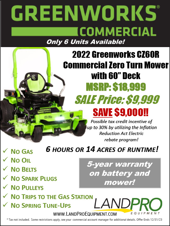 2022 Greenworks CZ60R Commercial Zero Turn Mower with 60 Deck